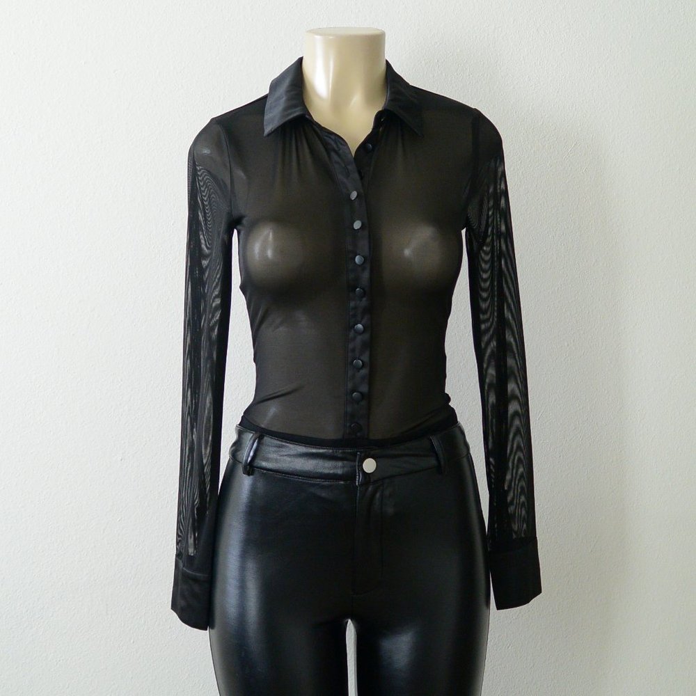 Forever 21 Black Sheer Long-Sleeve Button-Up Bodysuit